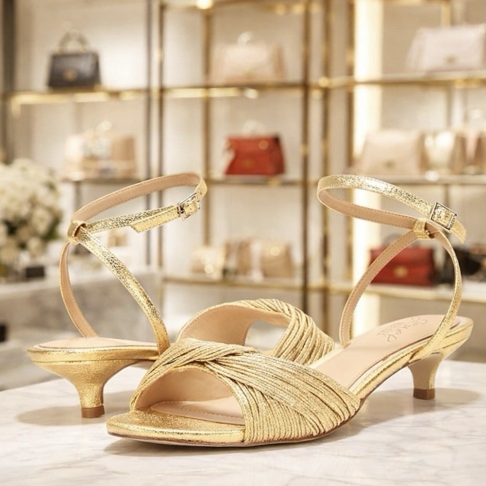 NEW Jewel by Badgley Mischka Gold Mini Braided Open Toe Ankle Kitten Heels 9.5